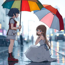 A scene in the rain featuring a tomboy woman with short hair dressed in a stylish, androgynous outfit, standing with a colorful umbrella