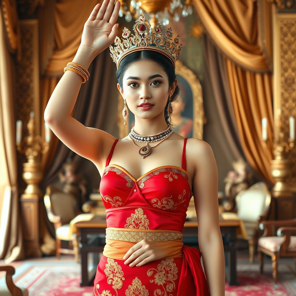 A beautiful and ideal 19-year-old young woman portraying the role of a Javanese queen