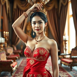 A beautiful and ideal 19-year-old young woman portraying the role of a Javanese queen