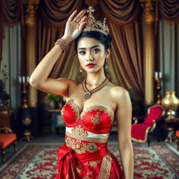 A beautiful and ideal 19-year-old young woman portraying the role of a Javanese queen