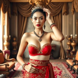A beautiful and ideal 19-year-old young woman portraying the role of a Javanese queen