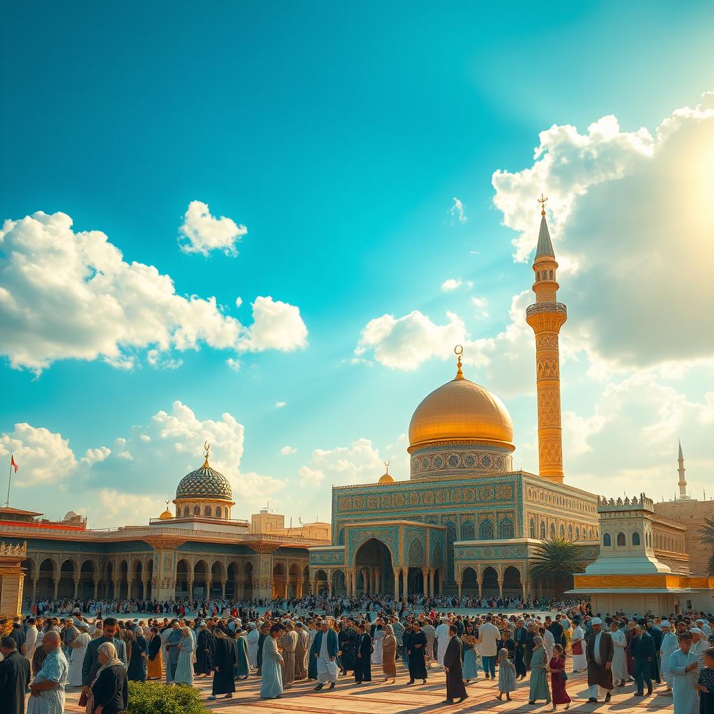 A beautiful depiction of the Karbala holy shrines, showcasing the majestic Imam Hussein Shrine with its iconic golden dome and minarets, surrounded by intricate mosaics and vibrant decorations