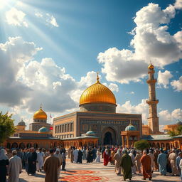 A beautiful depiction of the Karbala holy shrines, showcasing the majestic Imam Hussein Shrine with its iconic golden dome and minarets, surrounded by intricate mosaics and vibrant decorations