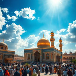A beautiful depiction of the Karbala holy shrines, showcasing the majestic Imam Hussein Shrine with its iconic golden dome and minarets, surrounded by intricate mosaics and vibrant decorations