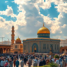 A beautiful depiction of the Karbala holy shrines, showcasing the majestic Imam Hussein Shrine with its iconic golden dome and minarets, surrounded by intricate mosaics and vibrant decorations