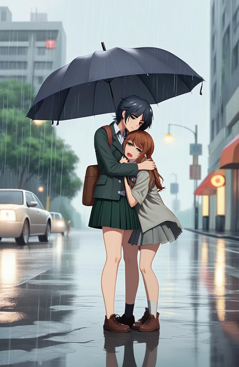 a tomboy woman is standing in the rain giving an 
umbrella to another sad girl who cries hug her own knees