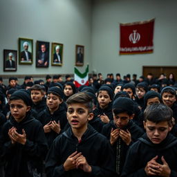 A poignant scene capturing around twenty teenage boys dressed in black, engaged in mourning rituals for Imam Hussein
