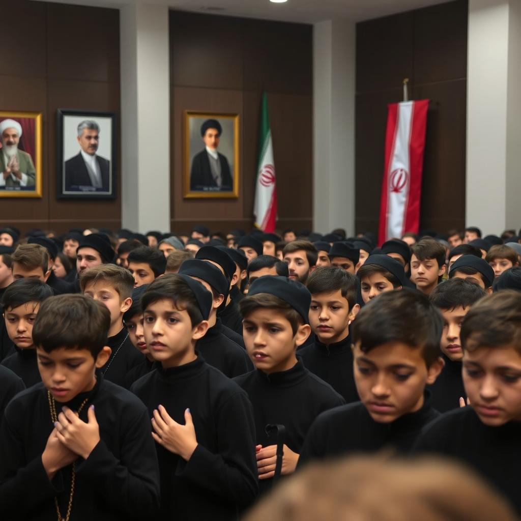 A poignant scene capturing around twenty teenage boys dressed in black, engaged in mourning rituals for Imam Hussein