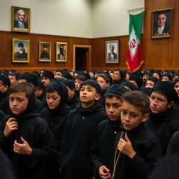 A poignant scene capturing around twenty teenage boys dressed in black, engaged in mourning rituals for Imam Hussein