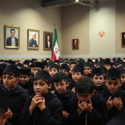 A poignant scene capturing around twenty teenage boys dressed in black, engaged in mourning rituals for Imam Hussein