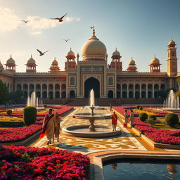 A grand and majestic scene representing the Mughal kingdom, featuring a lush garden with intricate geometric patterns, beautiful fountains, and vibrant flower beds