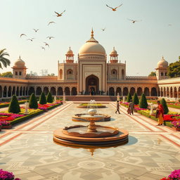 A grand and majestic scene representing the Mughal kingdom, featuring a lush garden with intricate geometric patterns, beautiful fountains, and vibrant flower beds