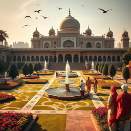 A grand and majestic scene representing the Mughal kingdom, featuring a lush garden with intricate geometric patterns, beautiful fountains, and vibrant flower beds