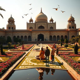 A grand and majestic scene representing the Mughal kingdom, featuring a lush garden with intricate geometric patterns, beautiful fountains, and vibrant flower beds