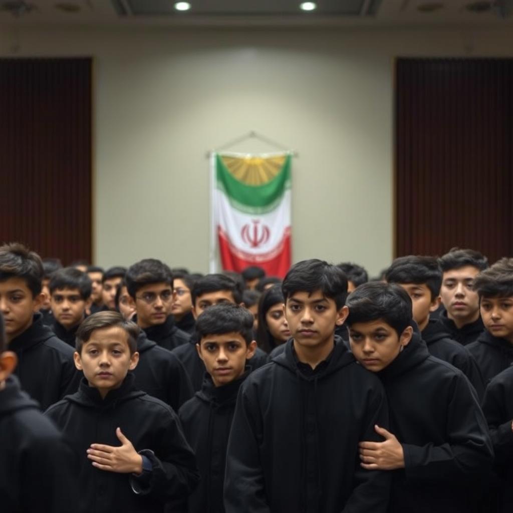 A scene depicting approximately twenty teenage boys of Iranian descent dressed in black clothes, participating in mourning rituals for Imam Hussein