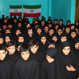 A group of twenty Iranian teenage boys dressed in black mourning clothing for Imam Hussein, gathered together solemnly