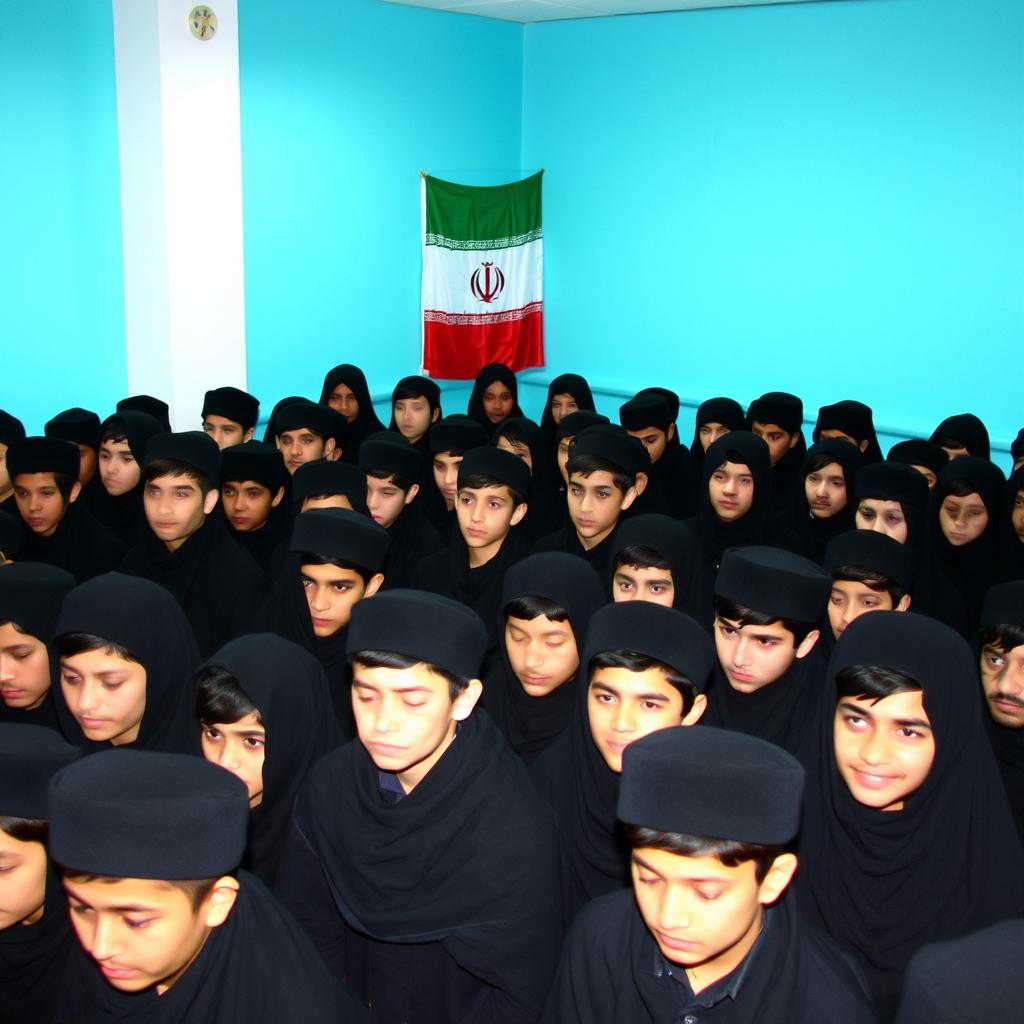 A group of twenty Iranian teenage boys dressed in black mourning clothing for Imam Hussein, gathered together solemnly