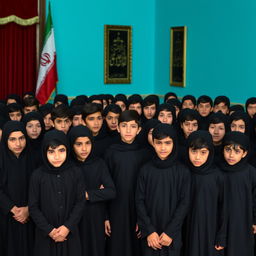 A group of twenty Iranian teenage boys dressed in black mourning clothing for Imam Hussein, gathered together solemnly