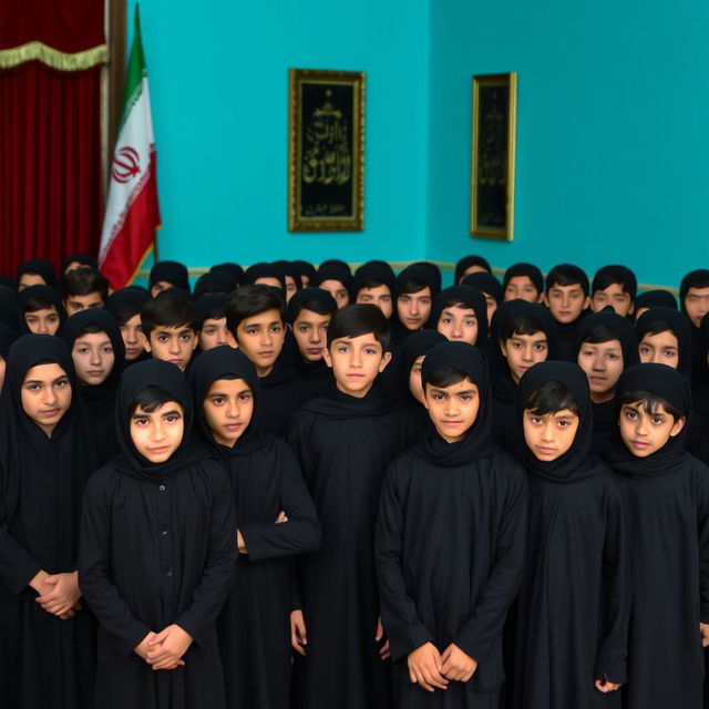 A group of twenty Iranian teenage boys dressed in black mourning clothing for Imam Hussein, gathered together solemnly