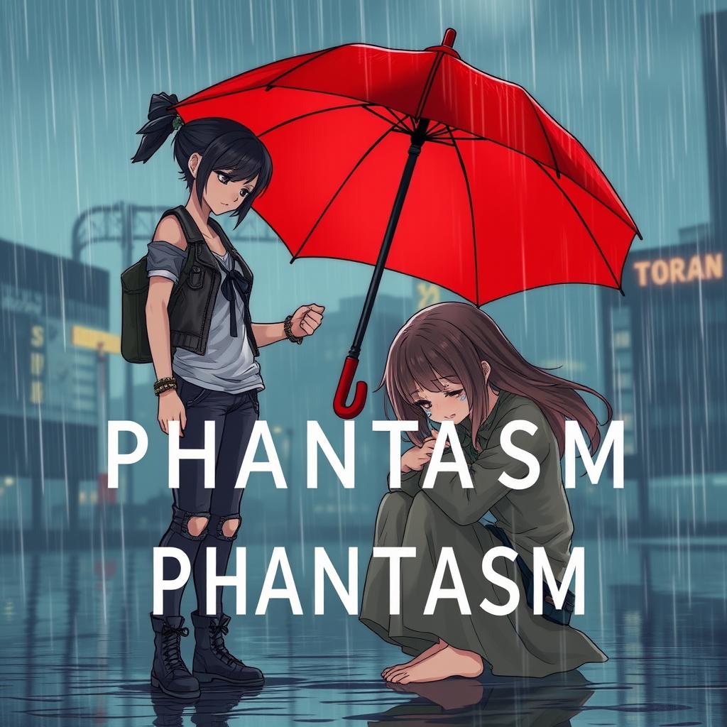 A tomboy woman, dressed in casual, edgy attire, stands in the rain, her expression empathetic as she extends a bright red umbrella toward another beautiful girl
