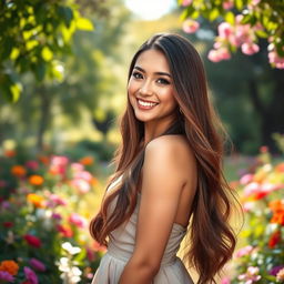 A beautiful young woman with long flowing hair, wearing an elegant dress, standing in a lush green garden filled with colorful flowers