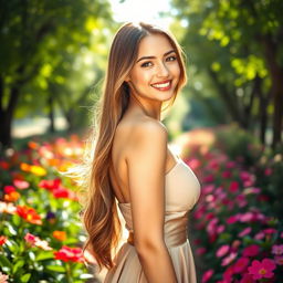 A beautiful young woman with long flowing hair, wearing an elegant dress, standing in a lush green garden filled with colorful flowers