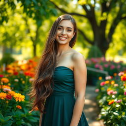 A beautiful young woman with long flowing hair, wearing an elegant dress, standing in a lush green garden filled with colorful flowers