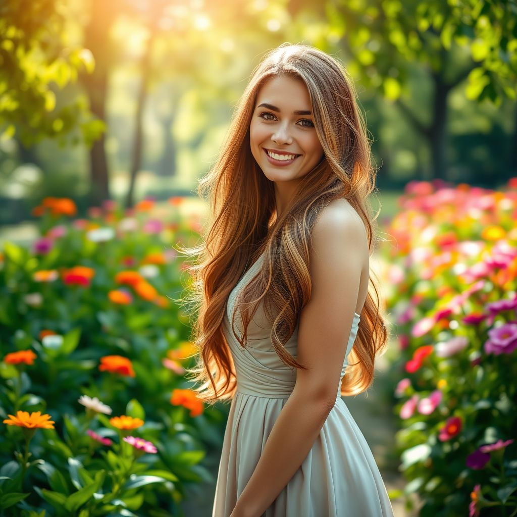 A beautiful young woman with long flowing hair, wearing an elegant dress, standing in a lush green garden filled with colorful flowers