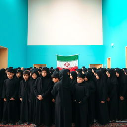 A group of twenty Iranian teenage boys dressed in black mourning attire for Imam Hussein, gathered in a solemn atmosphere