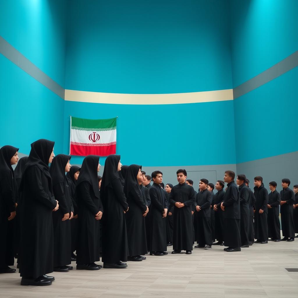 A group of twenty Iranian teenage boys dressed in black mourning attire for Imam Hussein, gathered in a solemn atmosphere