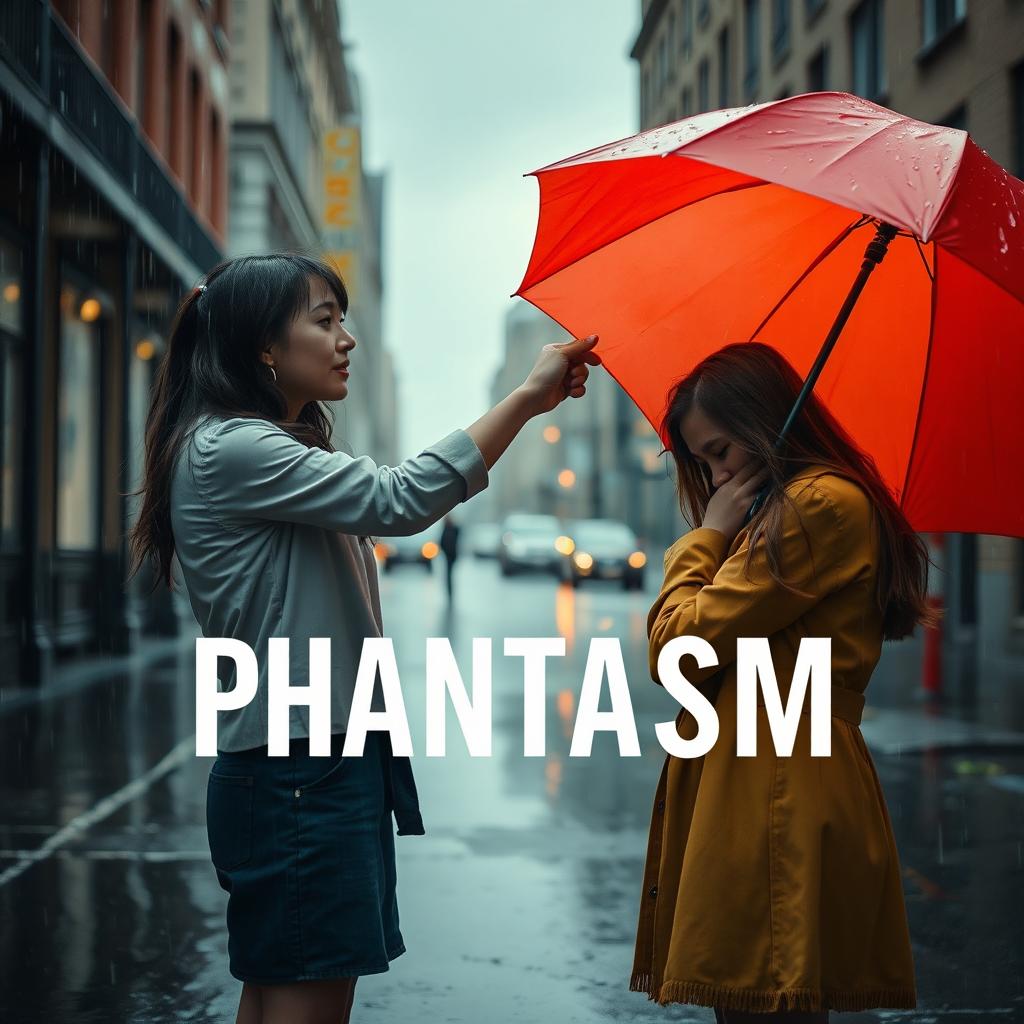 A tomboy woman standing in the rain, holding a brightly colored umbrella, reaching out to another beautiful girl who appears sad, crying as she hugs her own knees