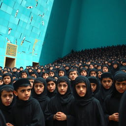 A scene depicting around twenty Iranian teenage boys dressed in black mourning attire for Imam Hussein, engaged in a solemn ceremony