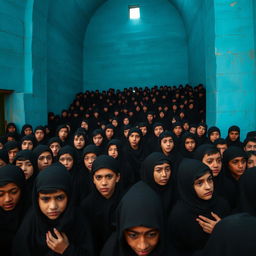 A scene depicting around twenty Iranian teenage boys dressed in black mourning attire for Imam Hussein, engaged in a solemn ceremony