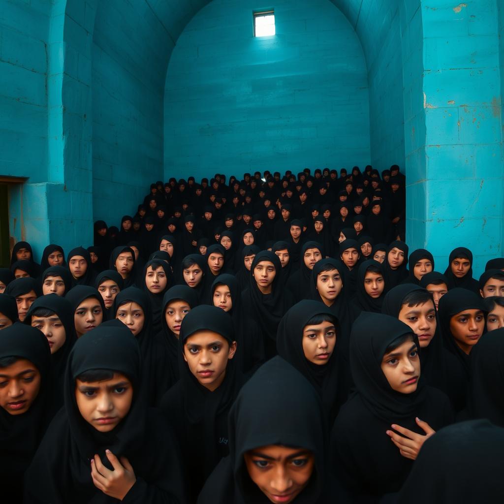 A scene depicting around twenty Iranian teenage boys dressed in black mourning attire for Imam Hussein, engaged in a solemn ceremony
