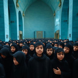 A scene depicting around twenty Iranian teenage boys dressed in black mourning attire for Imam Hussein, engaged in a solemn ceremony