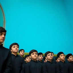 A group of around twenty teenage boys in modern Iranian mourning attire, dressed in black, participating in a ceremony to commemorate Imam Hussein