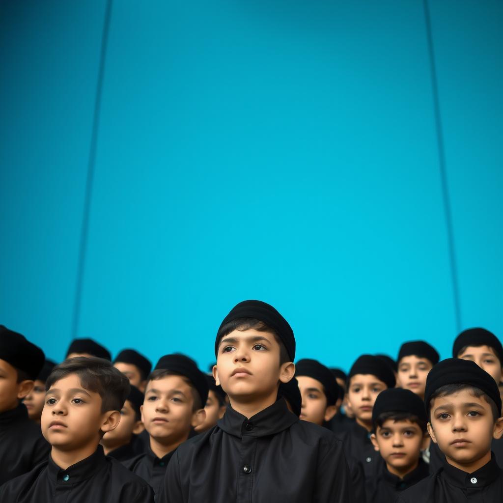 A group of around twenty teenage boys in modern Iranian mourning attire, dressed in black, participating in a ceremony to commemorate Imam Hussein