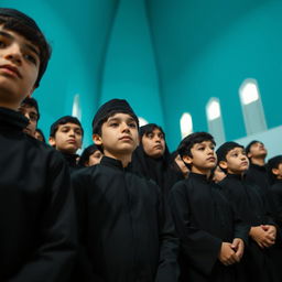 A group of around twenty teenage boys in modern Iranian mourning attire, dressed in black, participating in a ceremony to commemorate Imam Hussein