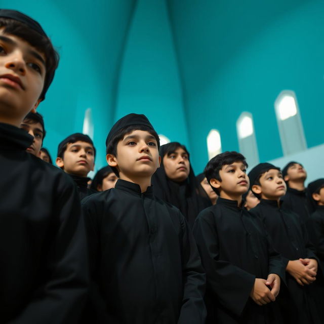A group of around twenty teenage boys in modern Iranian mourning attire, dressed in black, participating in a ceremony to commemorate Imam Hussein