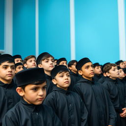 A group of around twenty teenage boys in modern Iranian mourning attire, dressed in black, participating in a ceremony to commemorate Imam Hussein