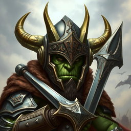 A detailed fantasy illustration of an orc paladin wearing an intricately designed helmet