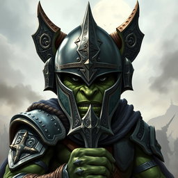 A detailed fantasy illustration of an orc paladin wearing an intricately designed helmet