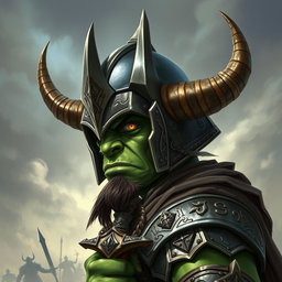 A detailed fantasy illustration of an orc paladin wearing an intricately designed helmet