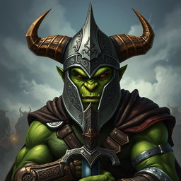 A detailed fantasy illustration of an orc paladin wearing an intricately designed helmet