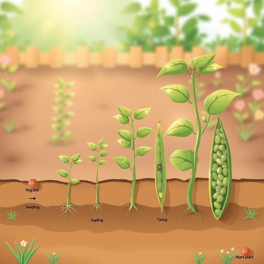 A detailed illustration of the life cycle of a bean plant, showing stages from seed germination to mature plant