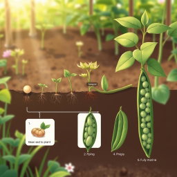A detailed illustration of the life cycle of a bean plant, showing stages from seed germination to mature plant