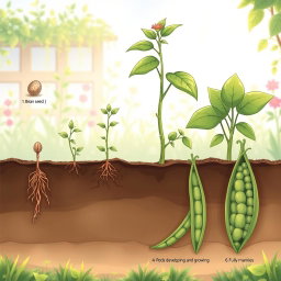 A detailed illustration of the life cycle of a bean plant, showing stages from seed germination to mature plant