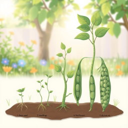 A detailed illustration of the life cycle of a bean plant, showing stages from seed germination to mature plant