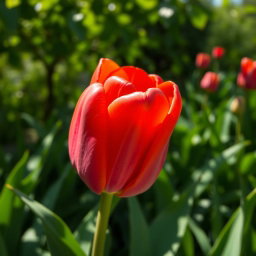 A vibrant and detailed depiction of a blooming tulip surrounded by lush green foliage