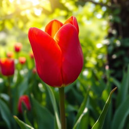 A vibrant and detailed depiction of a blooming tulip surrounded by lush green foliage
